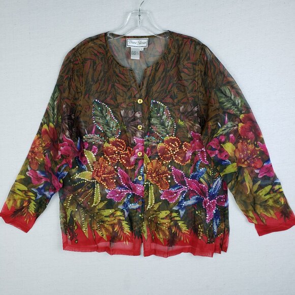 Vintage Diane Gilman Silk Blouse Tunic Top Sequined Floral Sheer size M Relaxed - Picture 1 of 11